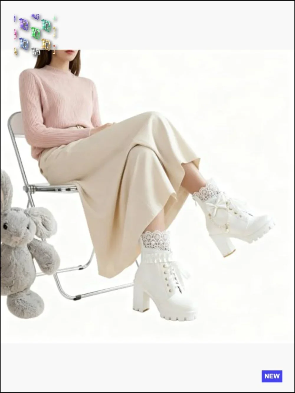 Platform Ankle Boots with Lace Pearl Chain Bow Chunky High Heel Goth Combat
